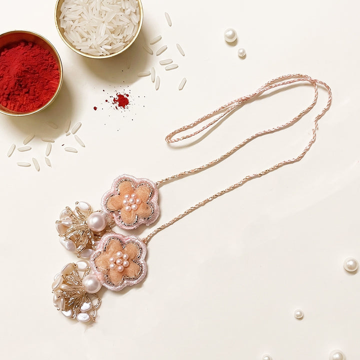 Handmade Kanak Moti Pearl Couple Rakhi Lumba Set With Roli Chawal For Bhaiya Bhabhi