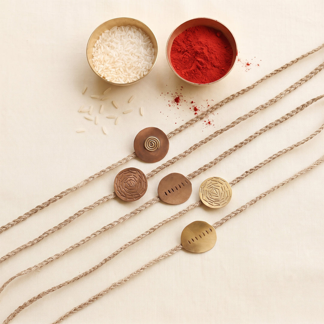 Handcrafted Oval & Circular Brooch Pin Rakhi For Brother | Set of 5