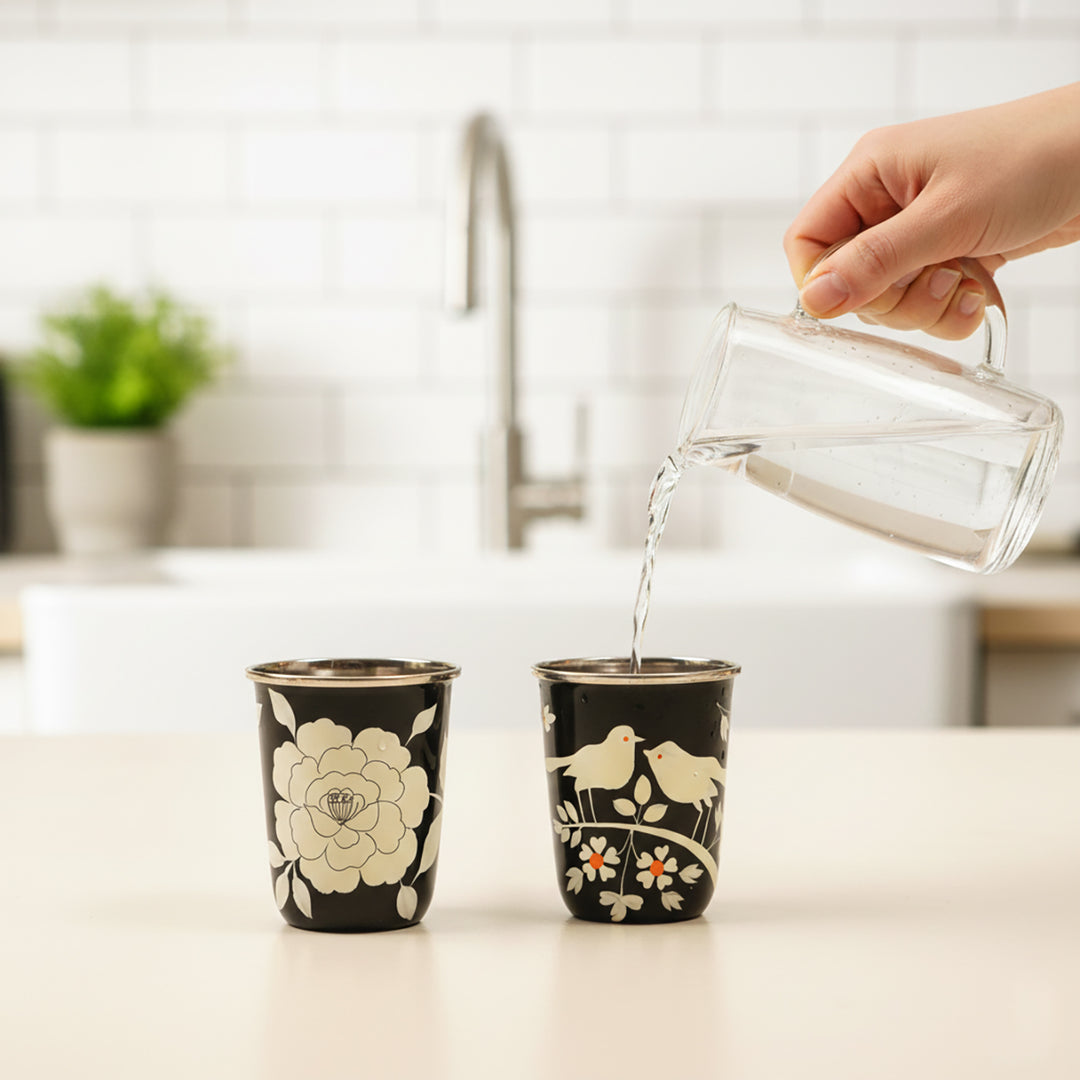 2Pc | Hand-Painted Black Birds & Flowers Kashmiri Art Stainless Steel Medium Glasses