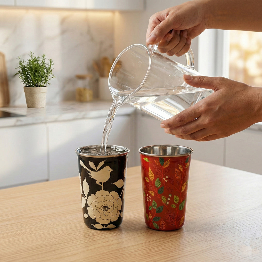 2Pc | Hand-Painted Red & Black Floral Kashmiri Art Stainless Steel Large Glasses