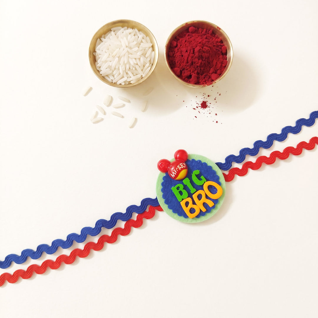 Handmade "Big Bro" Mickey Red Theme Felt Kids Rakhi With Roli Chawal For Brother