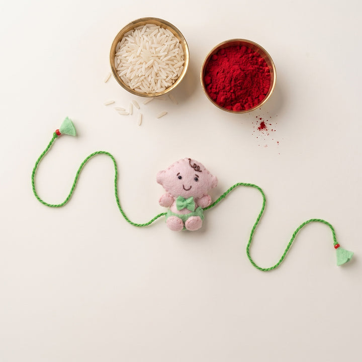 Hand Embroidered Adorable Baby Rakhi With Brooch Pin & Keychain For Baby Brother