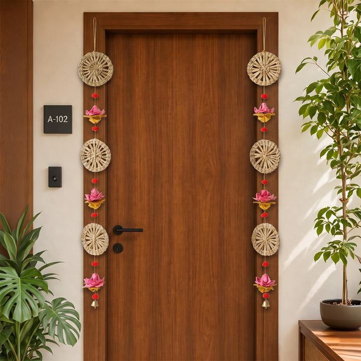 Set of 2 | "Pankhuri" Handcrafted Chamba Lotus Wall Hanging With Wooden Beads For Festive Decor