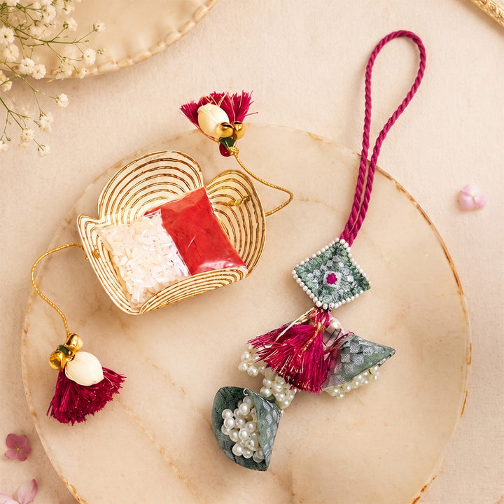 Handcrafted Pearl, Tassel & Thread Work Cheed Light Lumba Rakhi for Bhabhi - Mint Green