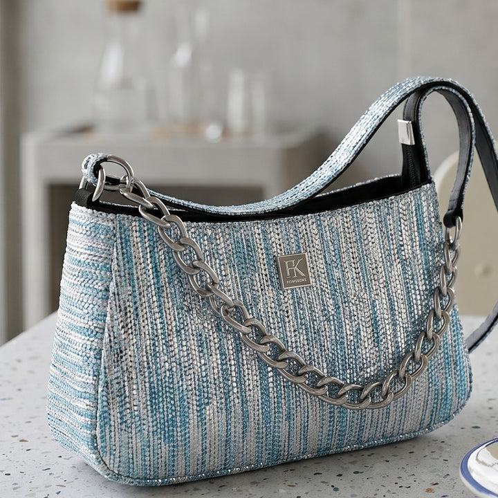 Indigo Blue and Silver Striped Upcycled Plastic Handcrafted Mini Baguette Handbag