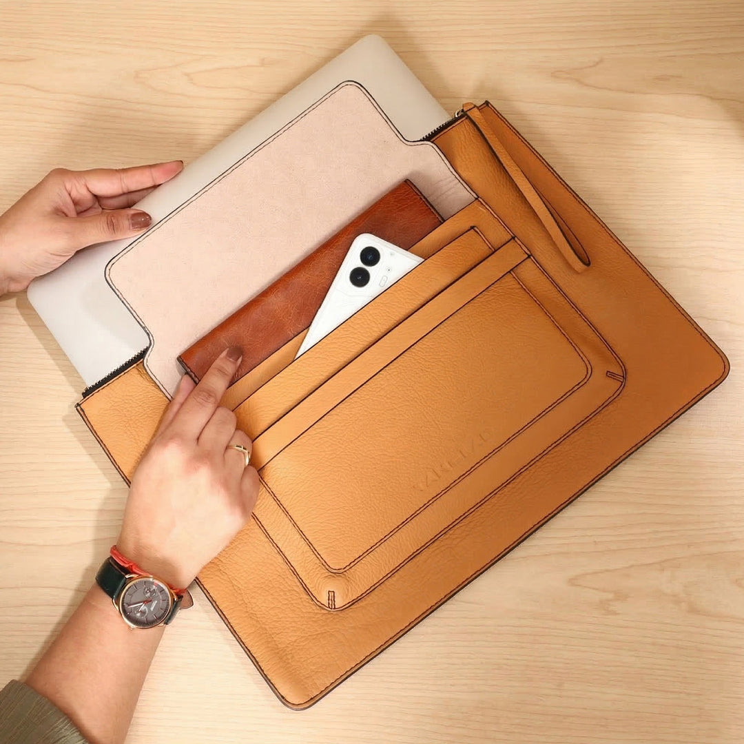 Personalized Orange Gabby Leather Laptop Sleeve
