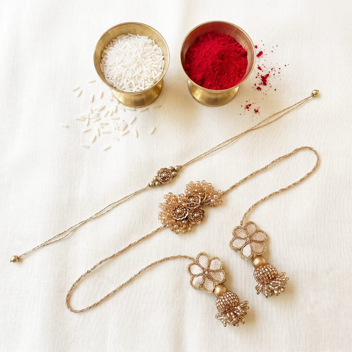 Handmade Golden Latkan Design Couple Rakhi Lumba Set With Roli Chawal For Bhaiya Bhabhi