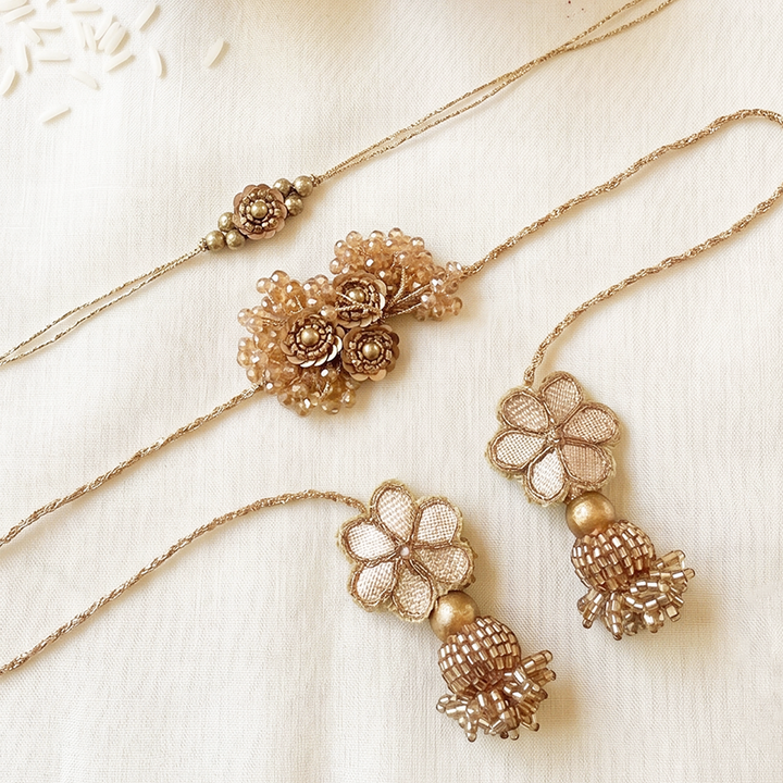 Handmade Golden Latkan Design Couple Rakhi Lumba Set With Roli Chawal For Bhaiya Bhabhi