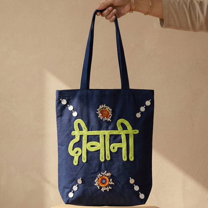 Hand-Embroidered Dori Work Blue Deewani Tote Bag