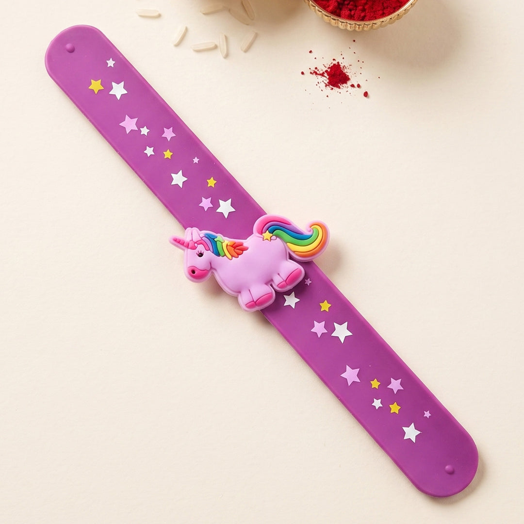 Handmade Cute Unicorn Silicone Slap Band Rakhi For Kids With Roli Chawal For Brother