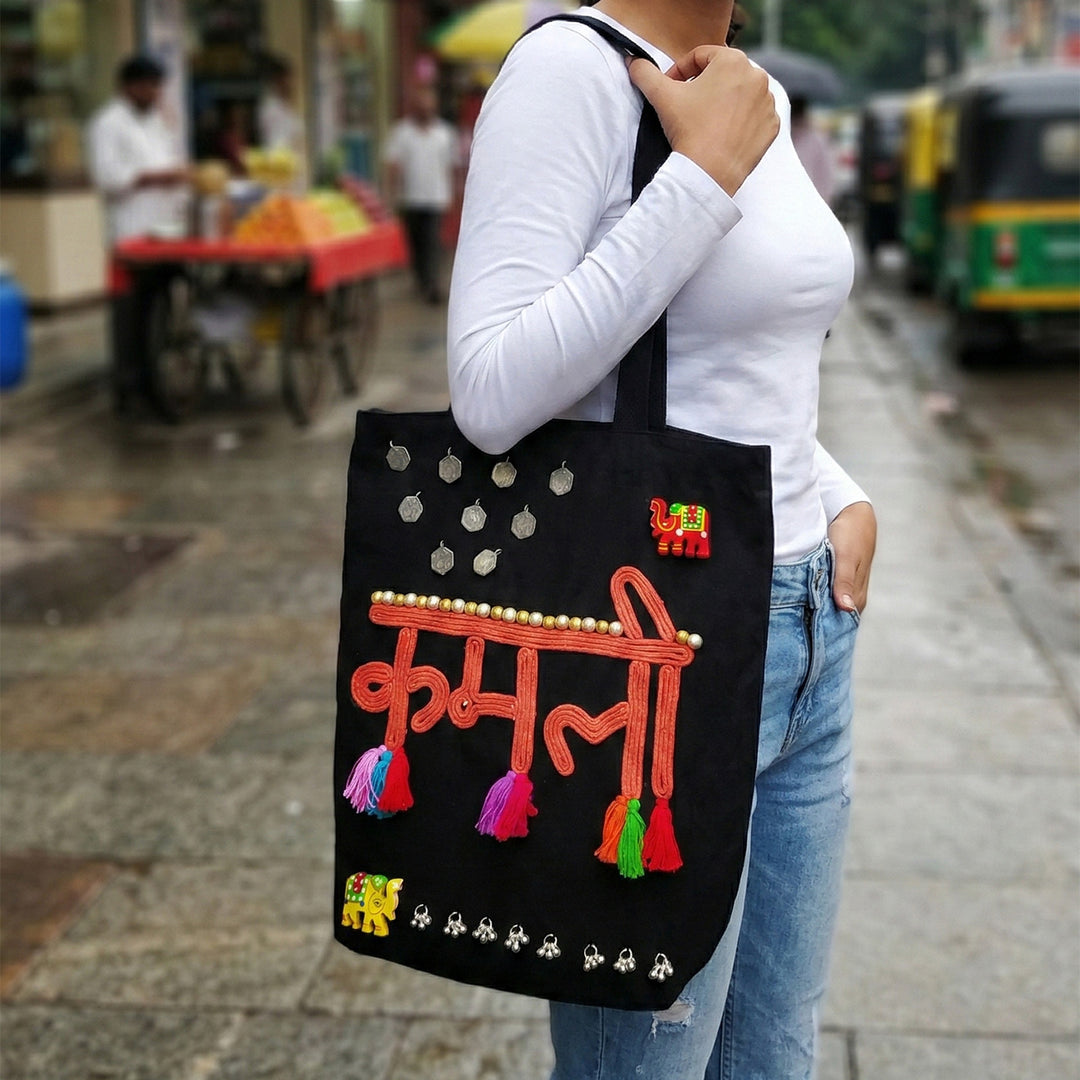 Hand-Embroidered Dori Work Kamli Tote Bag