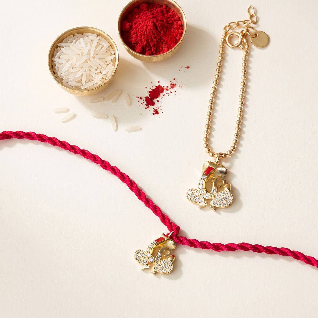 Divine Ganesha Gold Plated Sterling Silver Rakhi & Lumba Set With Roli Chawal For Bhaiya Bhabhi | Set of 2
