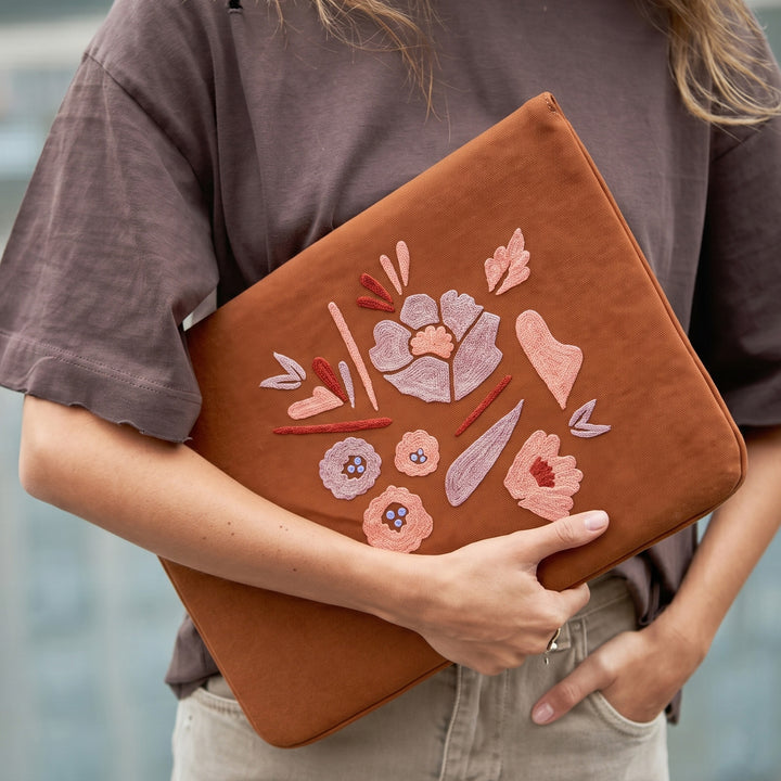 Corsage Aari Embroidered Brown Floral Laptop Sleeve
