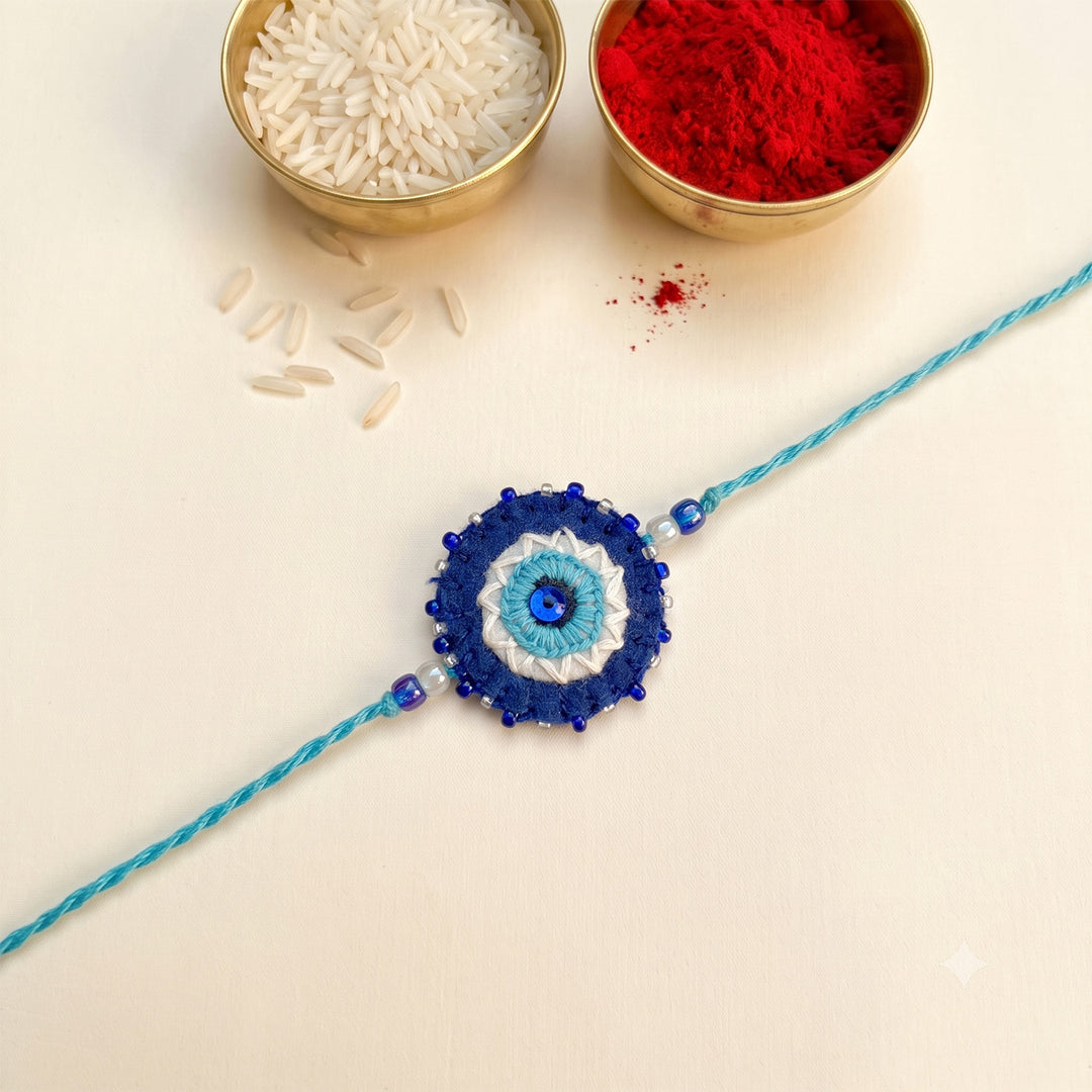 Hand Embroidered Nazar Battu Rakhi With Roli Chawal For Brother