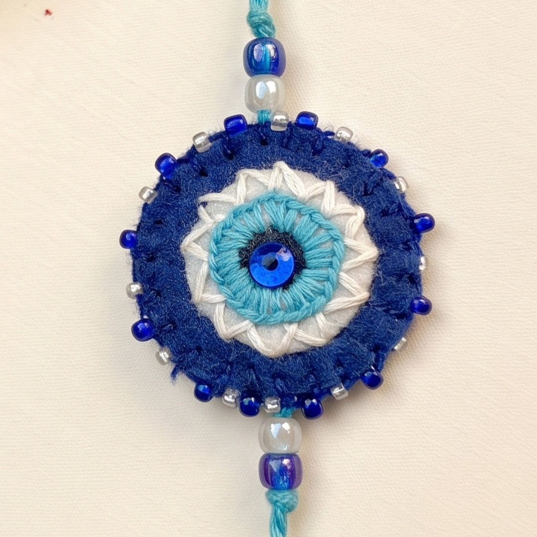 Hand Embroidered Nazar Battu Rakhi With Roli Chawal For Brother