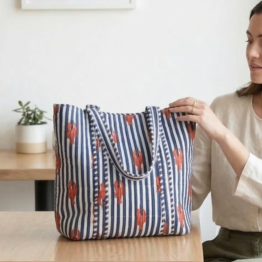 Handmade Lobster Stripe Cotton Tote Bag