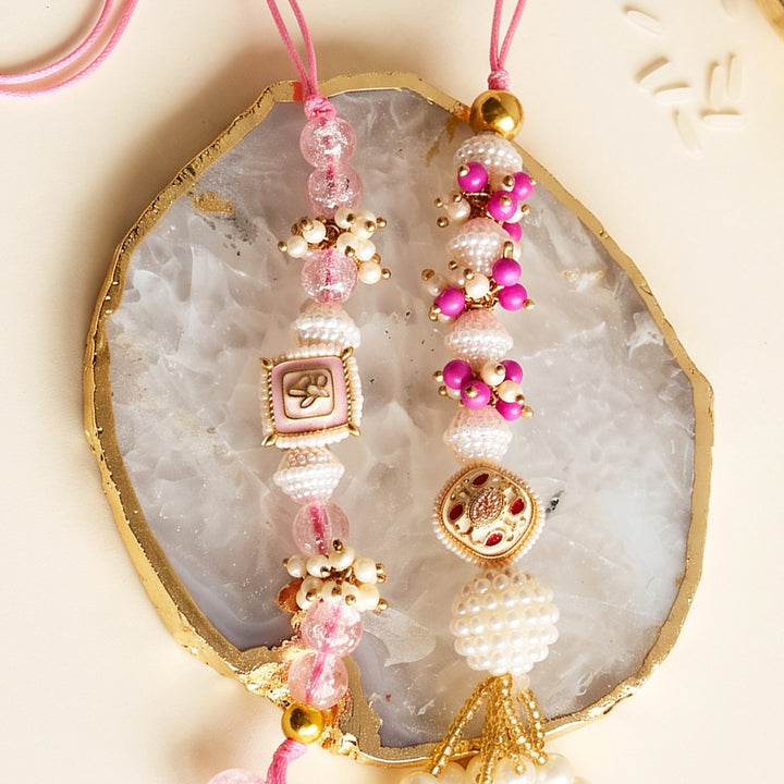 Hand-Knotted Pink Meenakari Beaded Rakhi & Lumba Set For Bhaiya Bhabhi | Set of 2