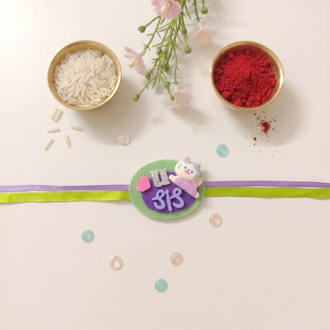 Handmade "Love U Sis" Cat Theme Felt Kids Rakhi With Roli Chawal For Sister
