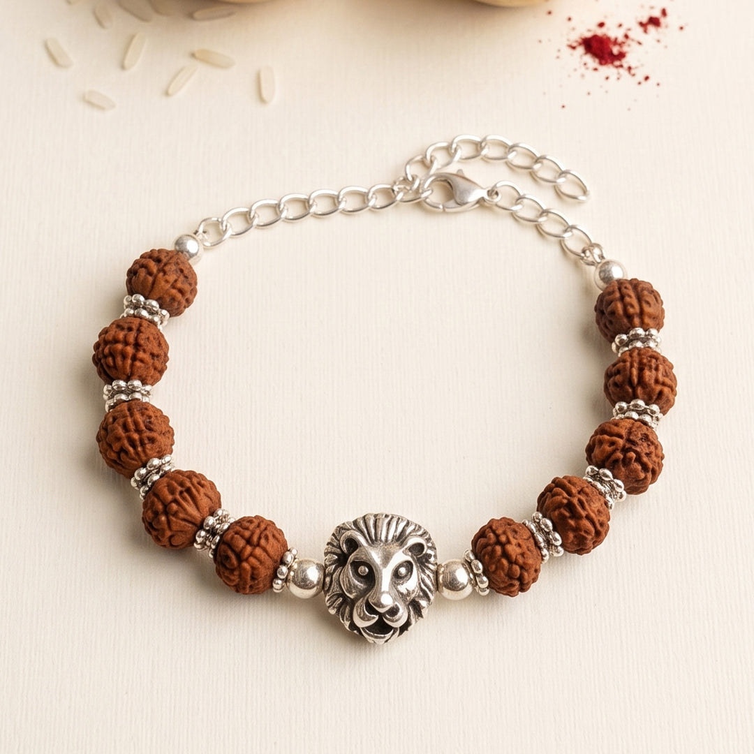 Handcrafted Brass Lion Rudraksha Rakhi With Roli Chawal For Brother