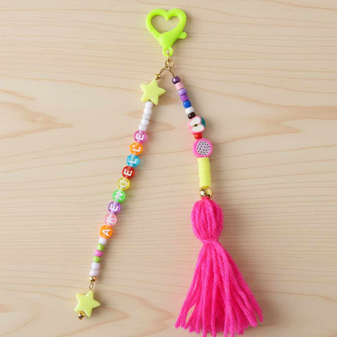 Personalized Neon Yellow & Pink Beaded Bag Charm For Kids