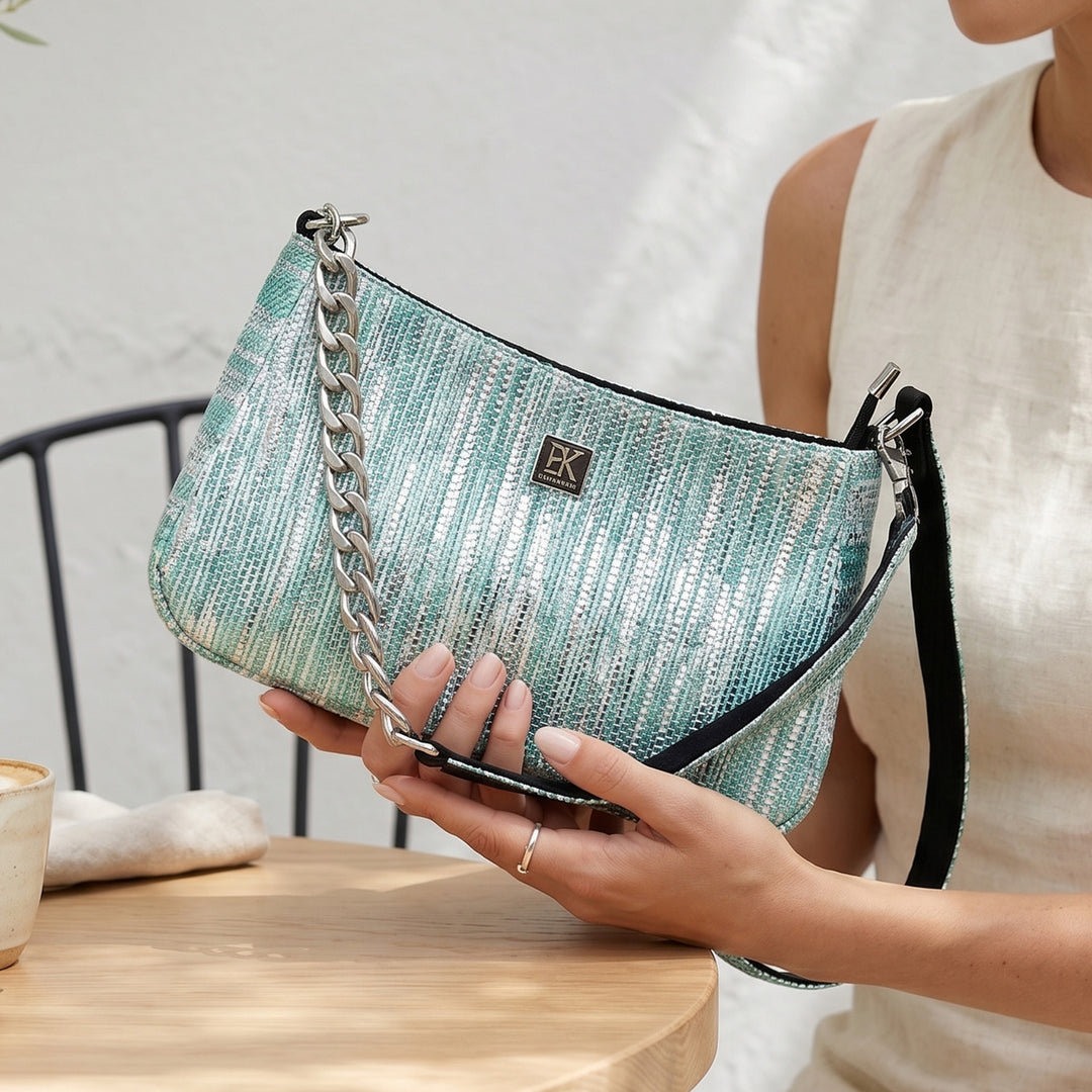 Sea Blue and Silver Striped Upcycled Plastic Handcrafted Mini Baguette Handbag