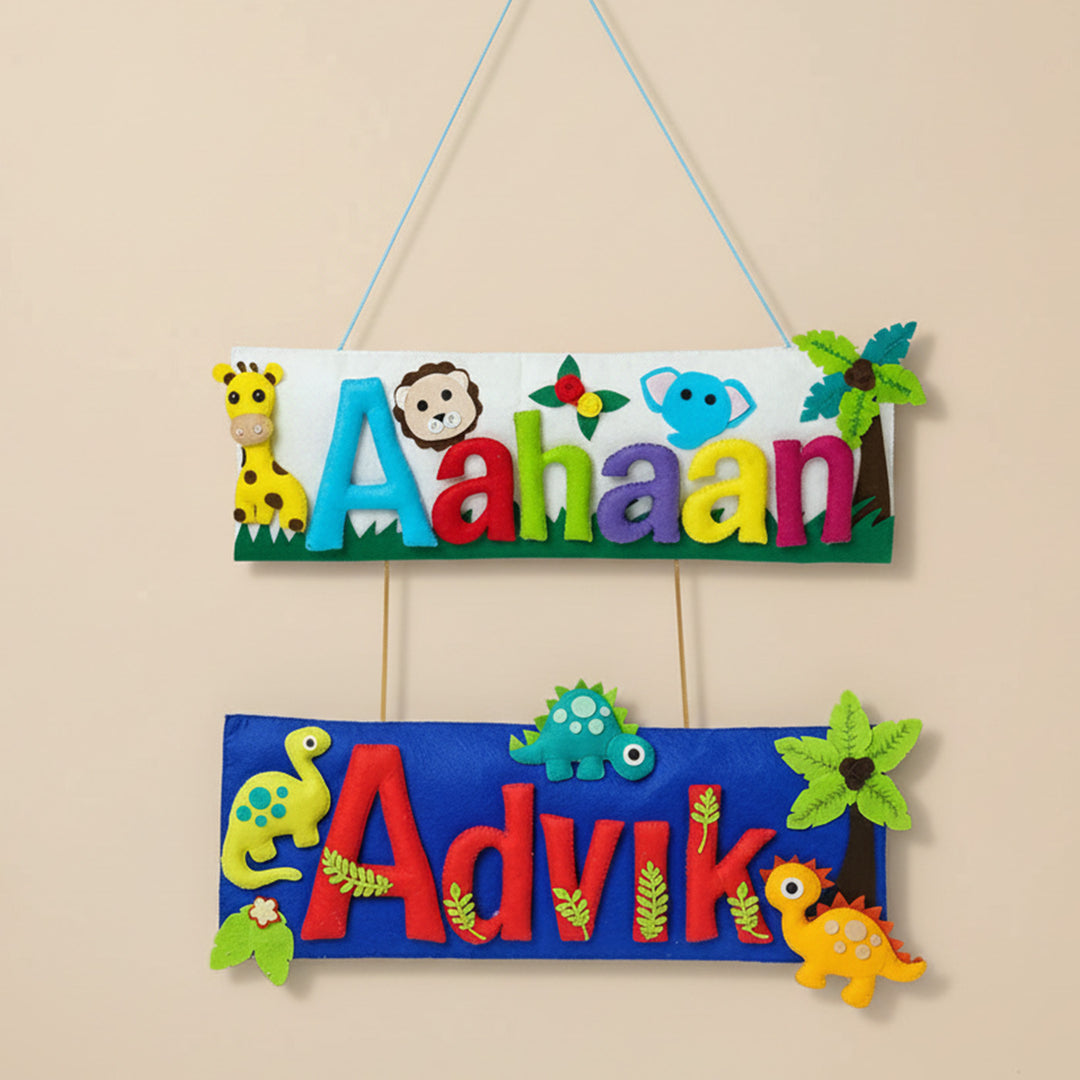 Customized Handcrafted Jungle & Dinosaur Theme Felt Name Plate for Siblings