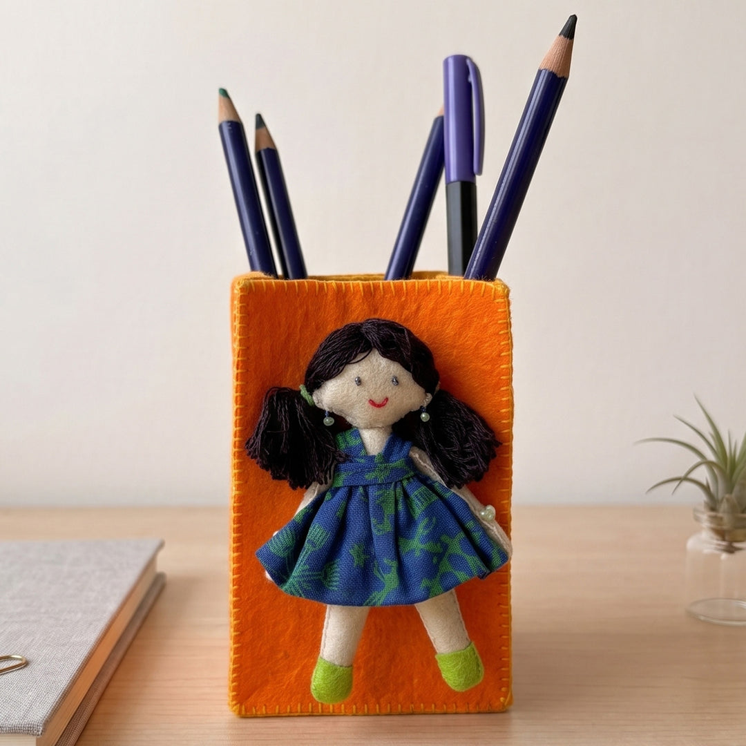 Handmade Orange & Yellow Pen Stand with Detachable Zoya Doll