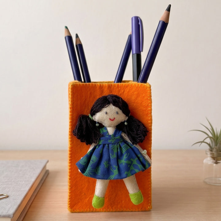 Handmade Orange & Yellow Pen Stand with Detachable Zoya Doll