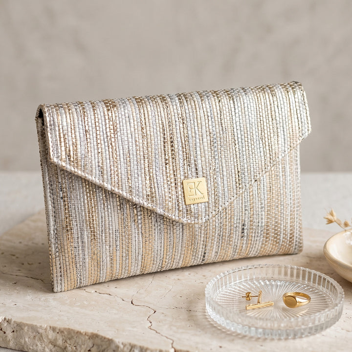Golden and Silver Striped Upcycled Plastic Handcrafted Envelope Clutch Sling