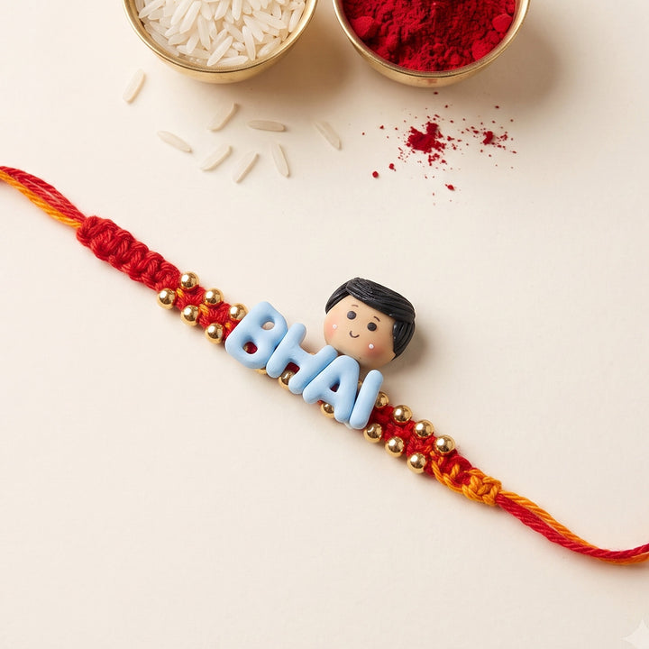 Handmade Bhai Charm Polymer Clay Rakhi With Roli Chawal For Brother