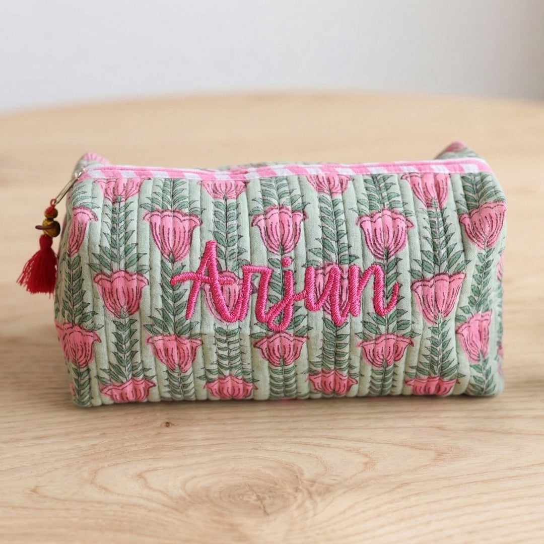 Personalized Block Printed Green & Pink Cotton Cosmetic Pouch