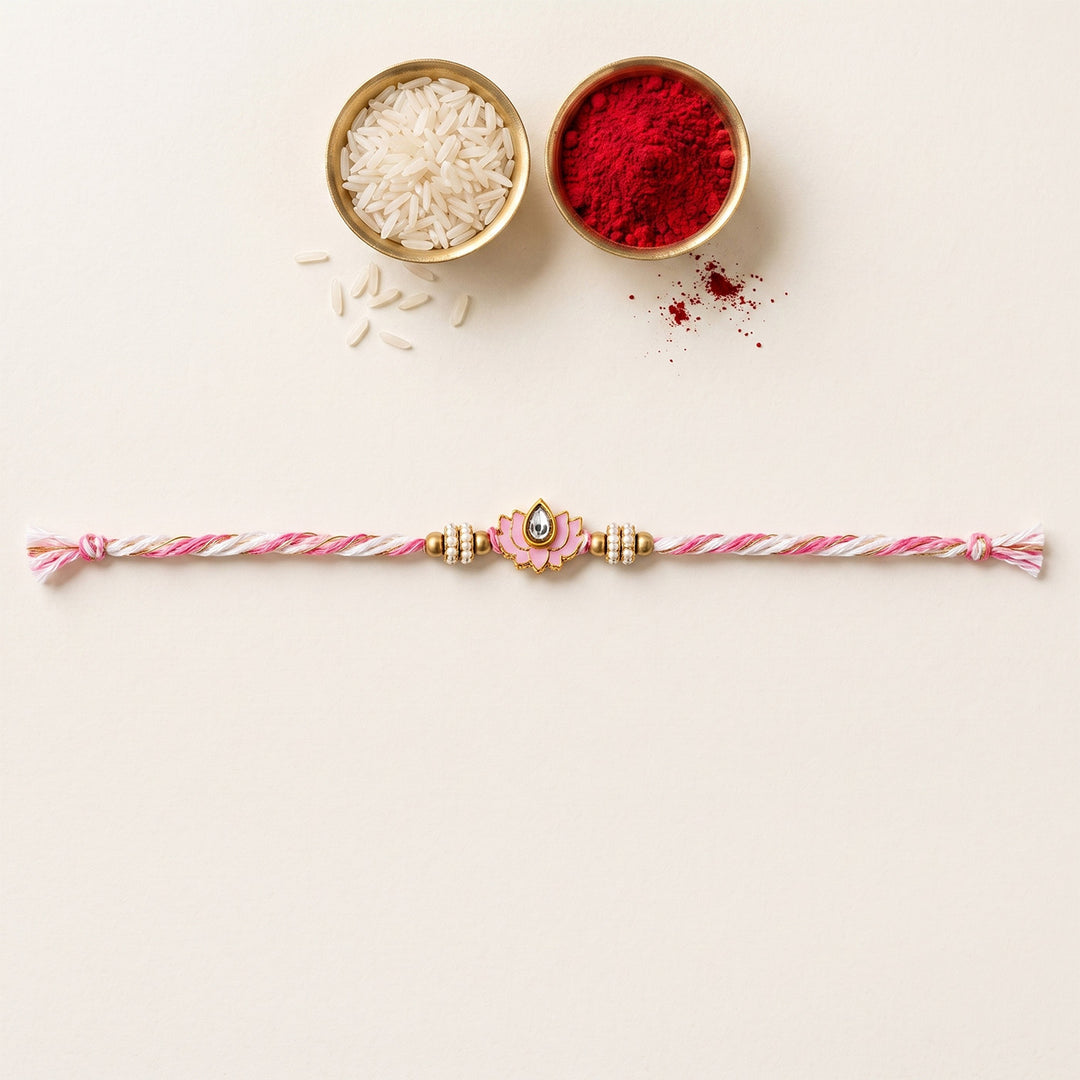 Reusable Lotus Beaded Thread Rakhi With Roli Chawal For Brother