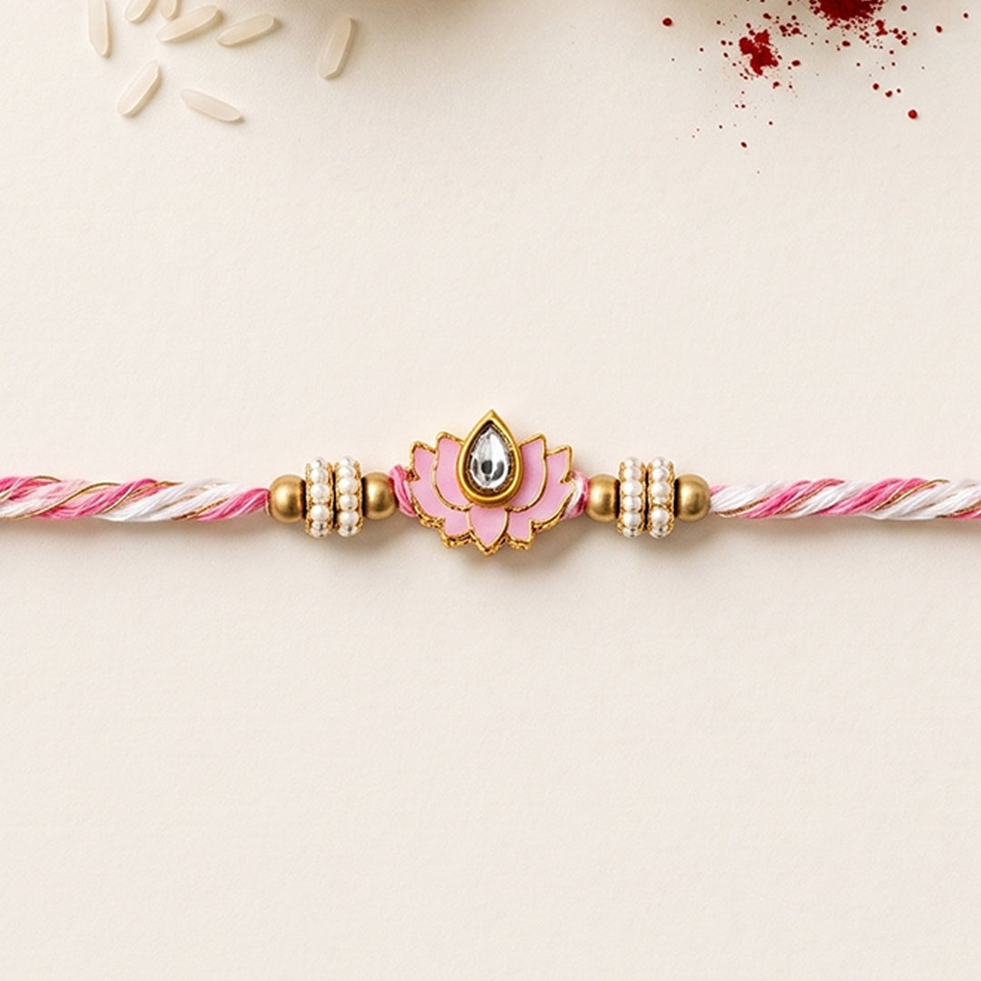 Reusable Lotus Beaded Thread Rakhi With Roli Chawal For Brother