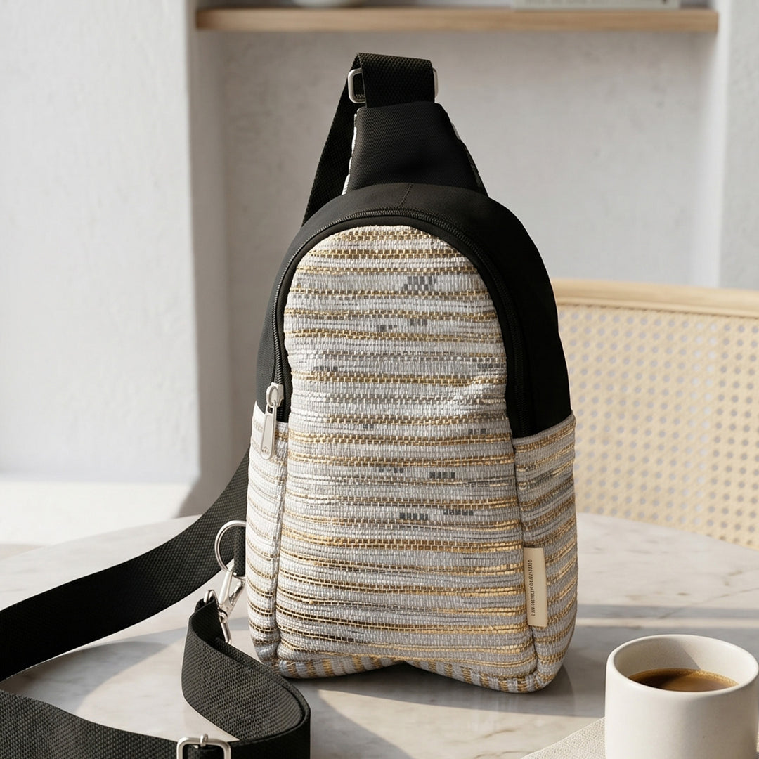 Light Blue and Golden Striped Upcycled Plastic Handcrafted Shoulder Crossbody Bag