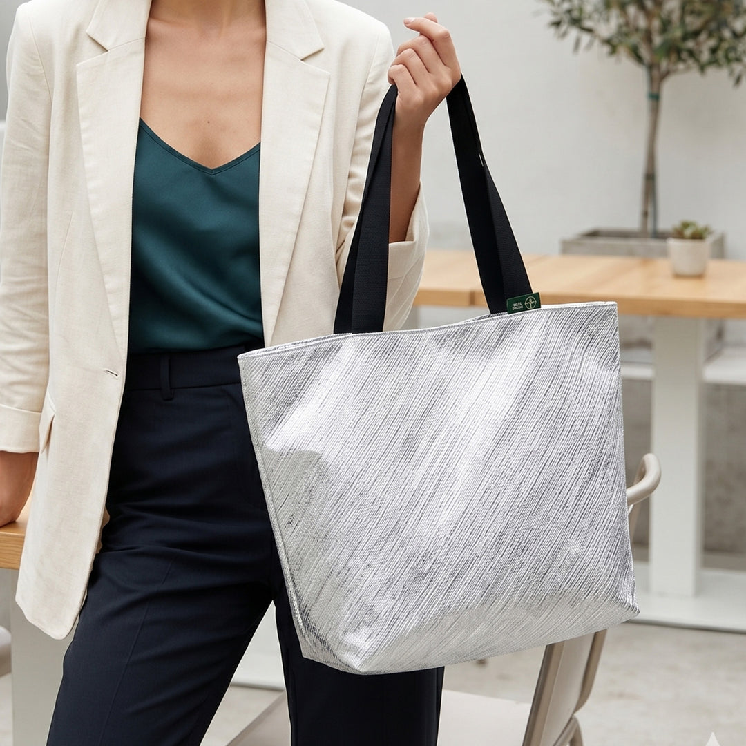 Silver and White Striped Upcycled Plastic Handcrafted Beach Tote Bag