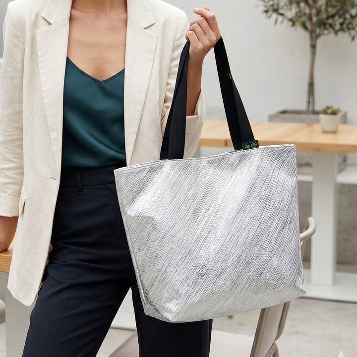 Silver and White Striped Upcycled Plastic Handcrafted Beach Tote Bag