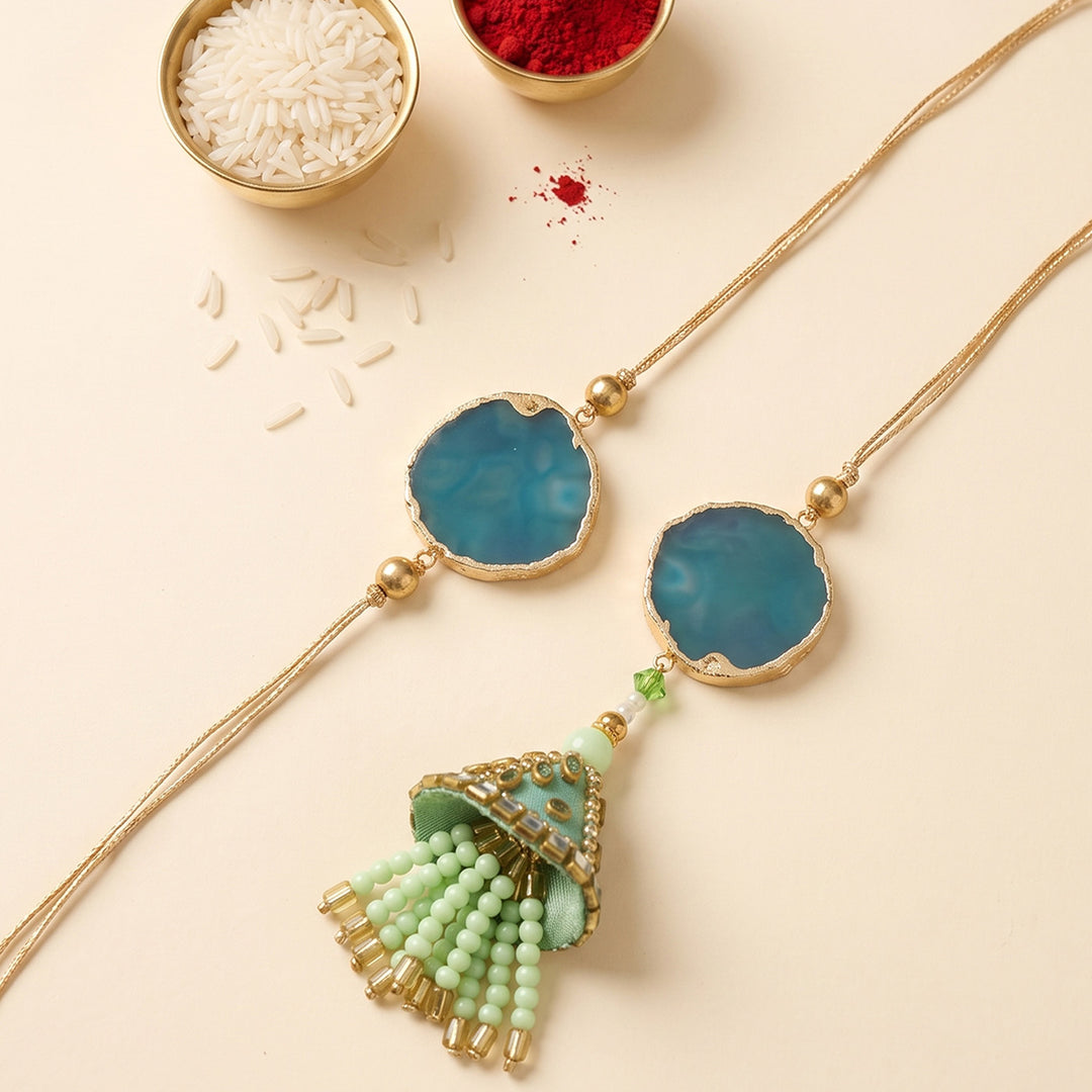 Handmade Green Premium Agate Bhaiya Bhabhi Couple Rakhi And Lumba Set With Roli Chawal, Nariyal And Gift Box | Set of 2