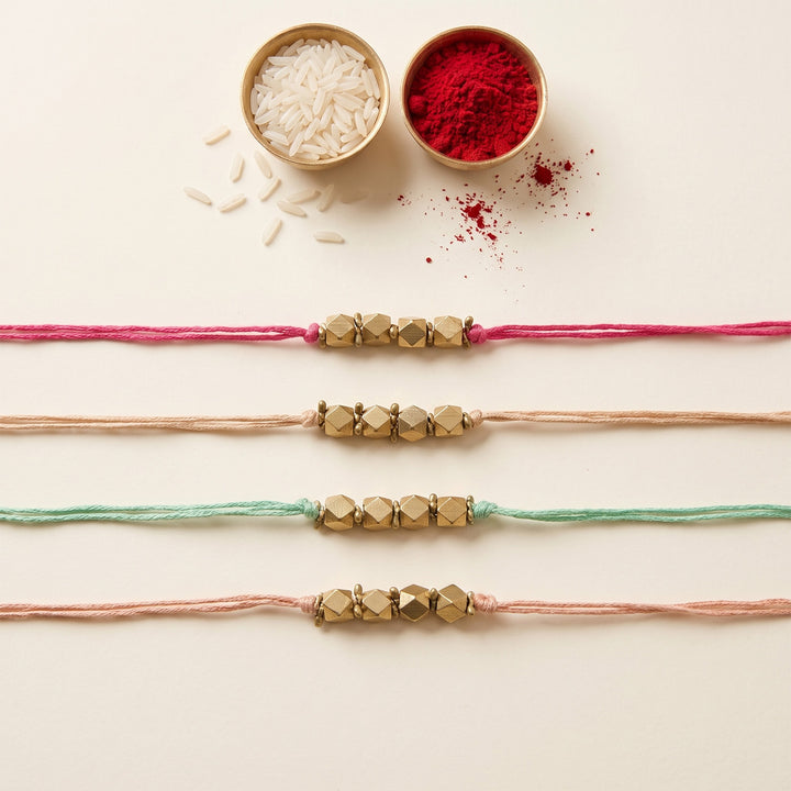 Beaded English Colour Brass Rakhi With Roli Chawal For Brother | Set of 4