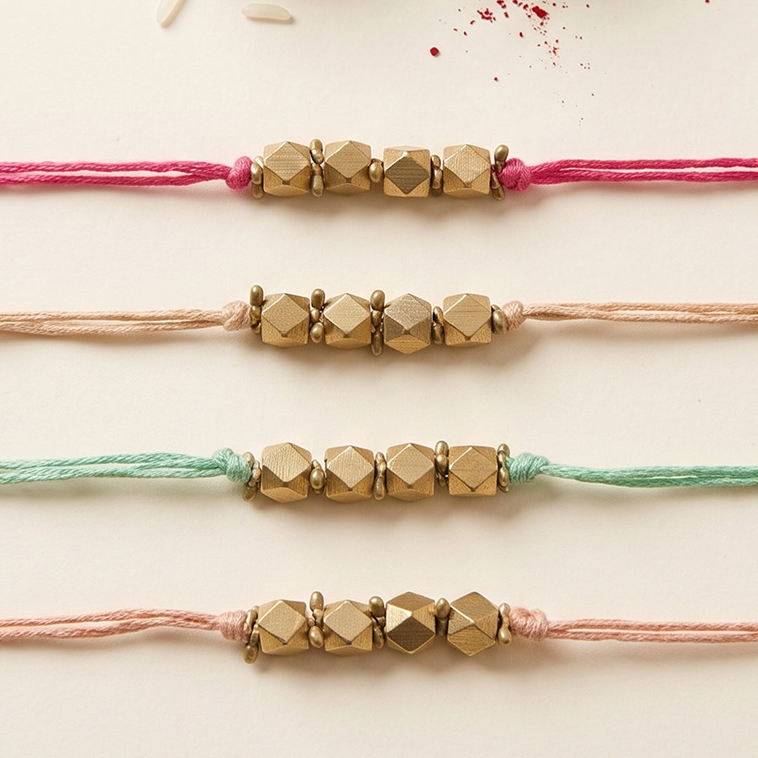Beaded English Colour Brass Rakhi With Roli Chawal For Brother | Set of 4