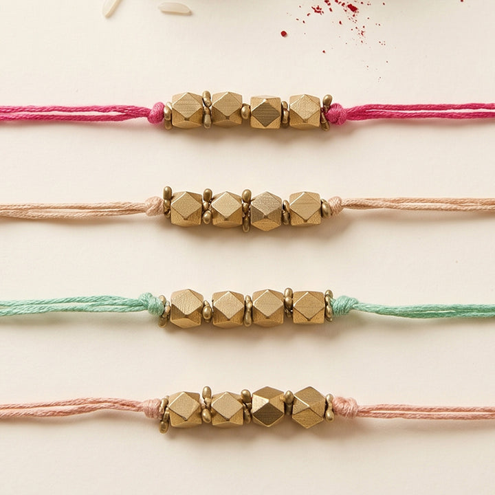 Beaded English Colour Brass Rakhi With Roli Chawal For Brother | Set of 4