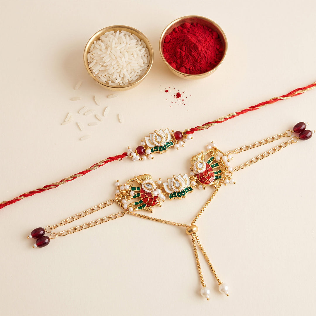 Lotus Elephant Motif Kundan Bhaiya Bhabhi Rakhi Set With Roli Chawal | Set of 2