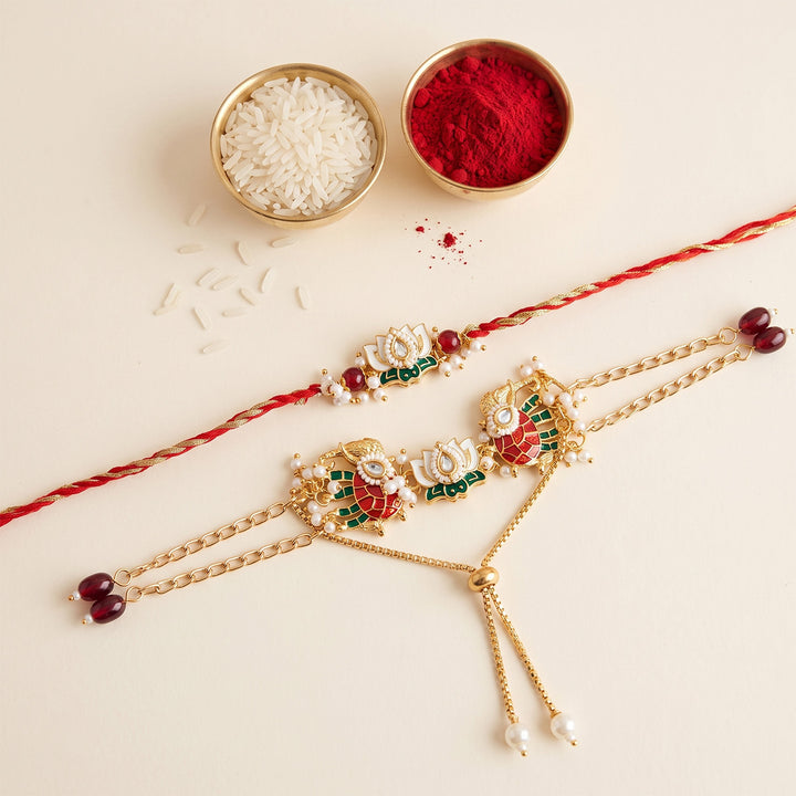 Lotus Elephant Motif Kundan Bhaiya Bhabhi Rakhi Set With Roli Chawal | Set of 2