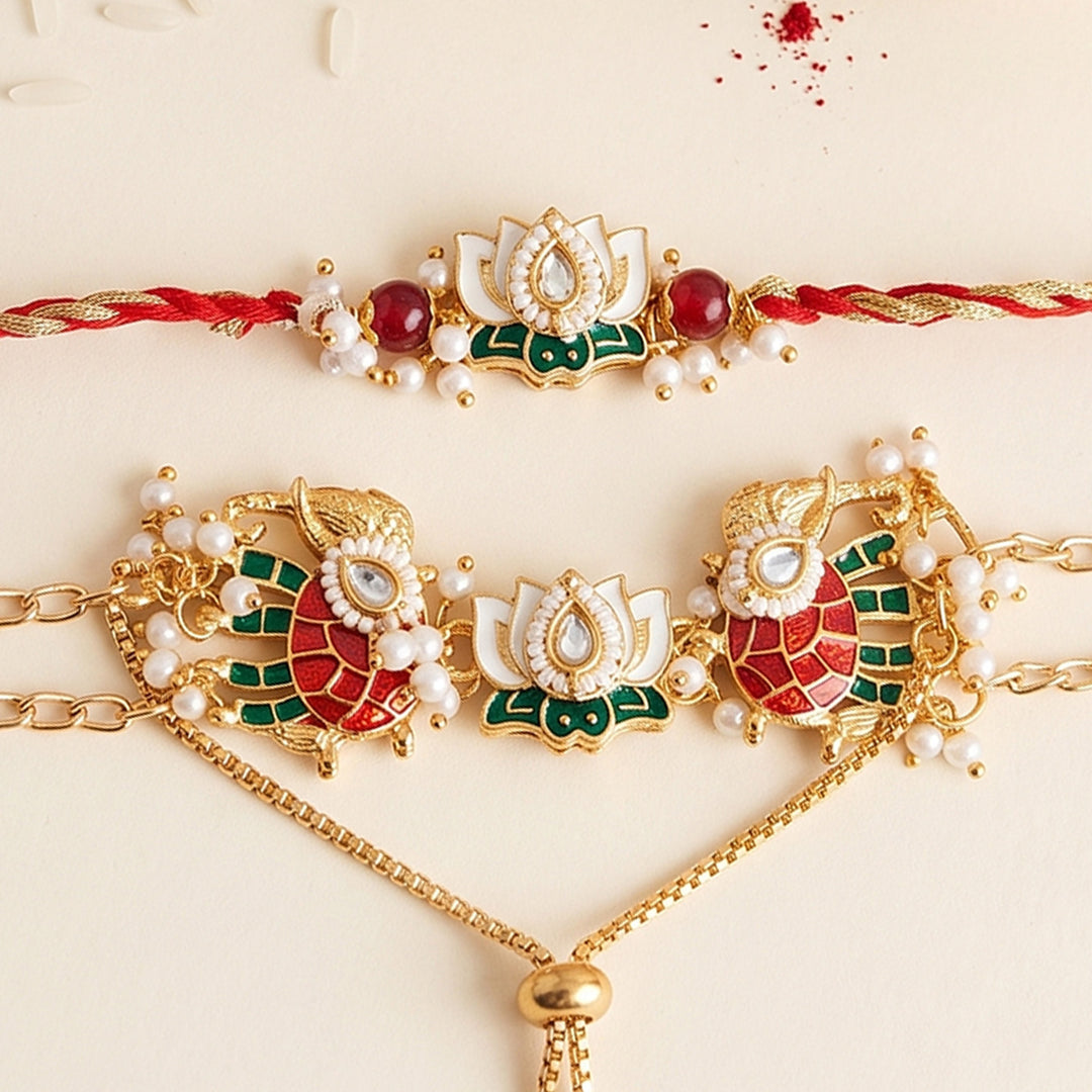 Lotus Elephant Motif Kundan Bhaiya Bhabhi Rakhi Set With Roli Chawal | Set of 2