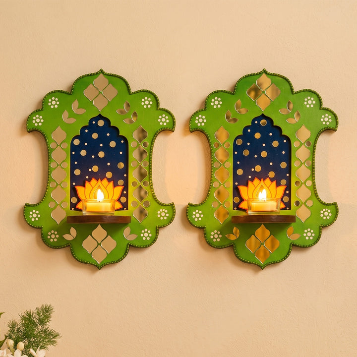 Set of 2 | Lotus Inspired Jharokha MDF Wall Hanging Tealight Holders For Festive Decor