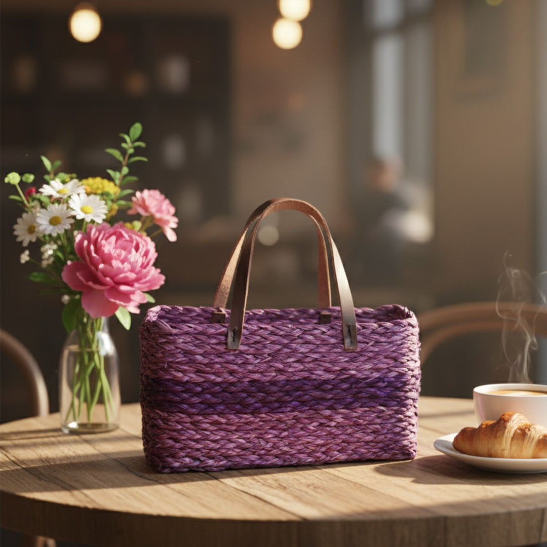 Handmade Grass Woven Single Lavender Horizontal Stripped Sabai Mesh Handbag