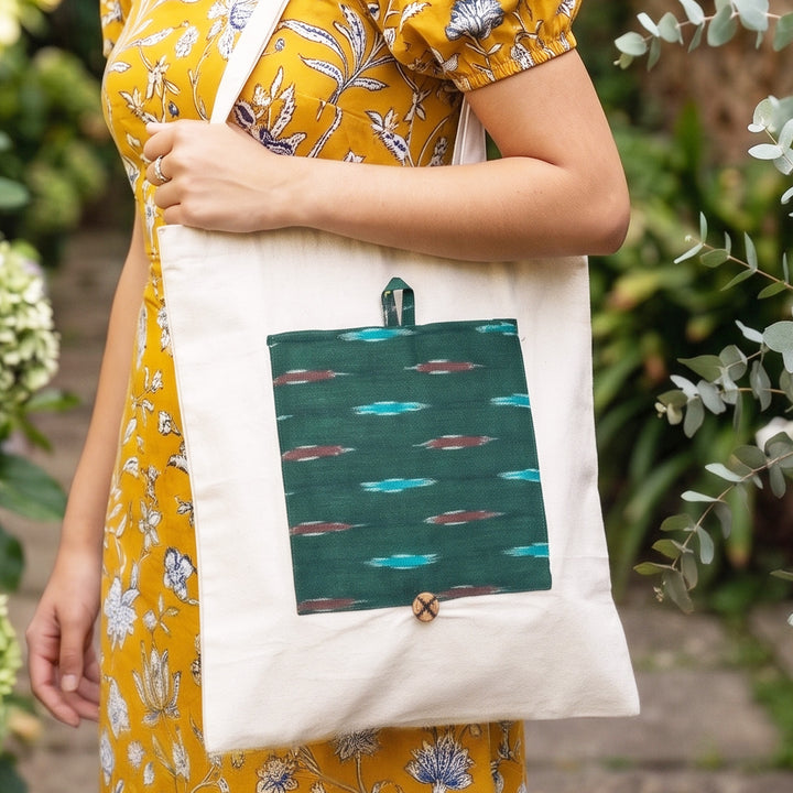 Handcrafted Foldable Cotton Ikat Tote Bag - Green