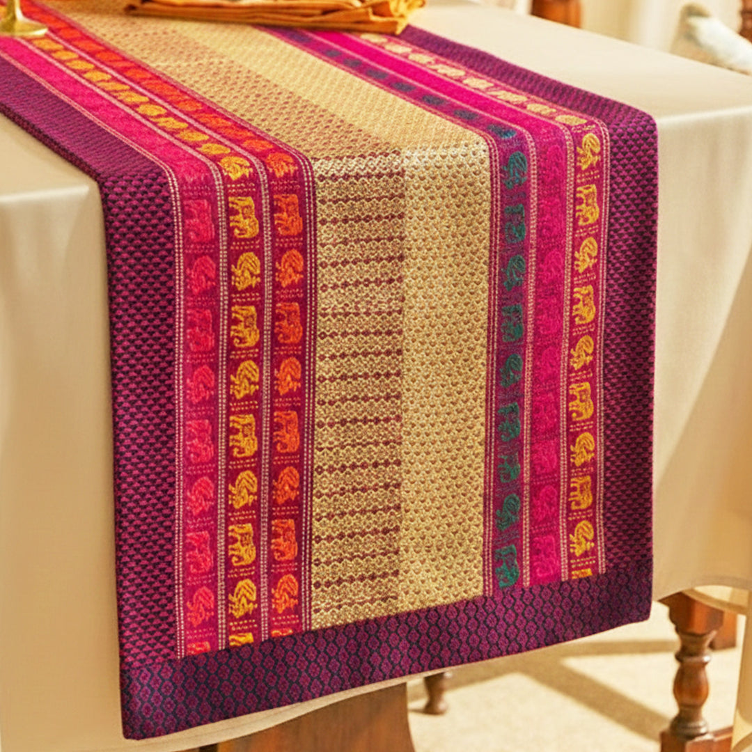 Handmade Elephant Design Khunn Fabric Cotton Table Runner | 12 x 60 Inch