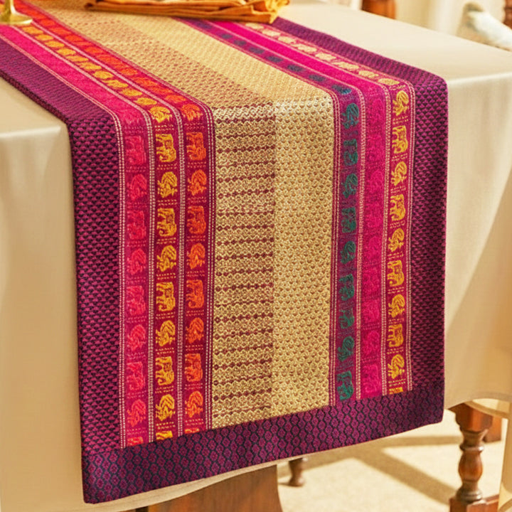 Handmade Elephant Design Khunn Fabric Cotton Table Runner | 12 x 60 Inch