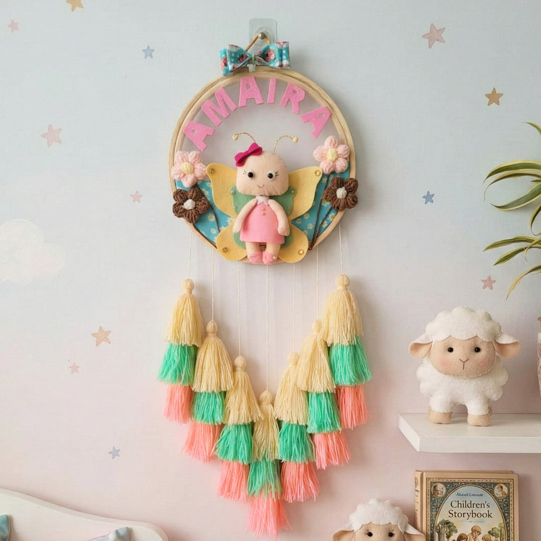 Personalized Butterfly Doll Theme Kids Name Plate With Tassels