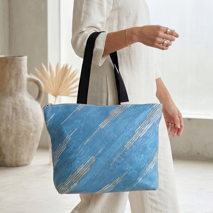 Indigo Blue and White Upcycled Plastic Handcrafted Designer Tote Bag